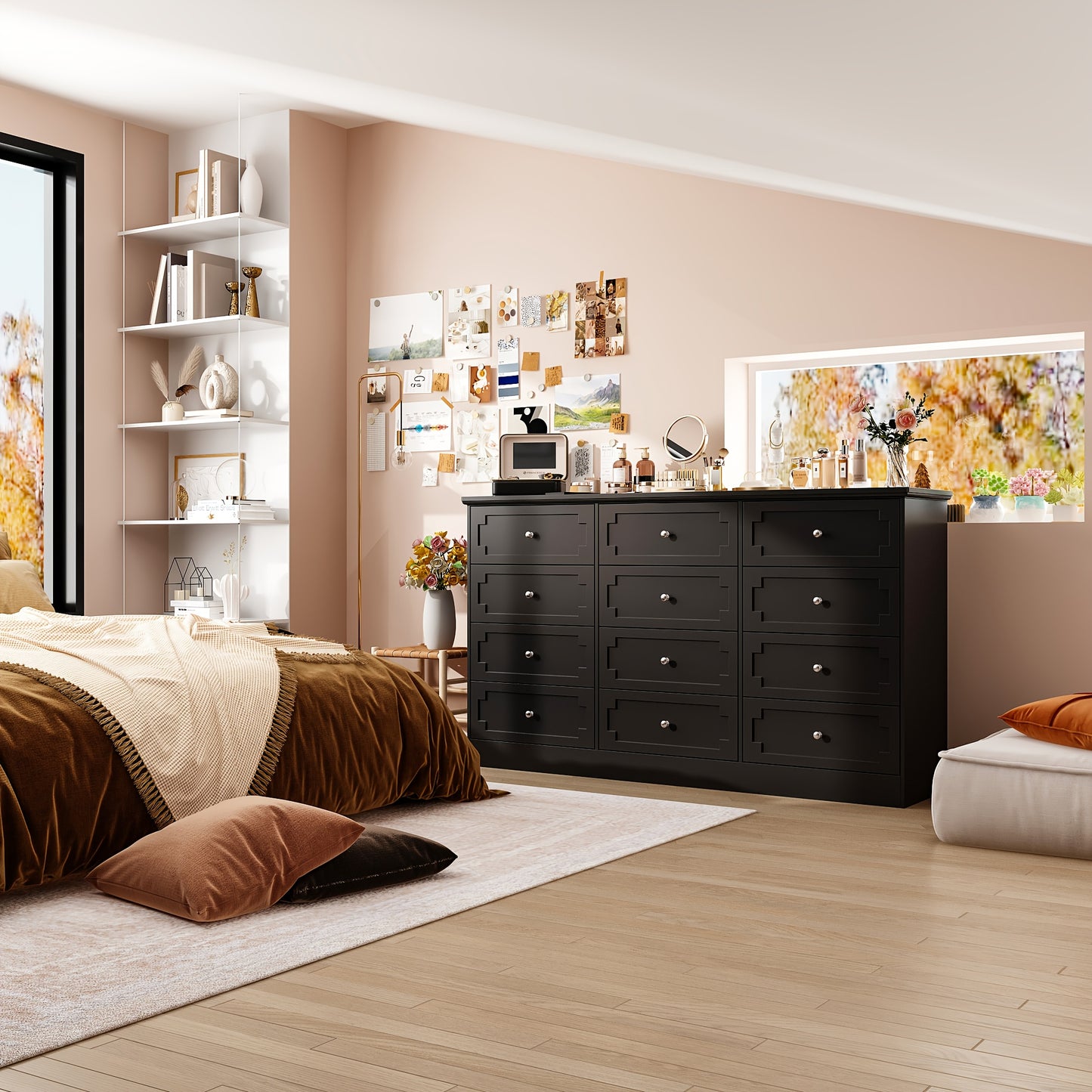 12-Drawer Double Dresser Storage Box, 61'' W Modern Wooden Chest Of Drawers with Handles, Deep Drawers, for Living Room, Bedroom, Hallway, Large Storage Space, Black