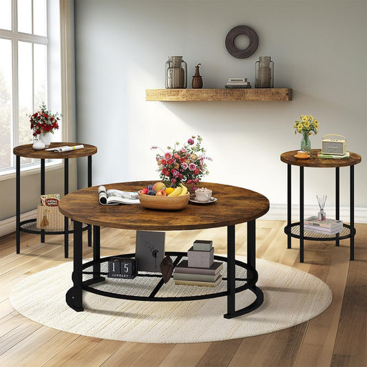 3-Piece Coffee Table Set – Rustic Brown Center Table & 2 End Tables, Modern Living Room Furniture for Small Space or Apartment
