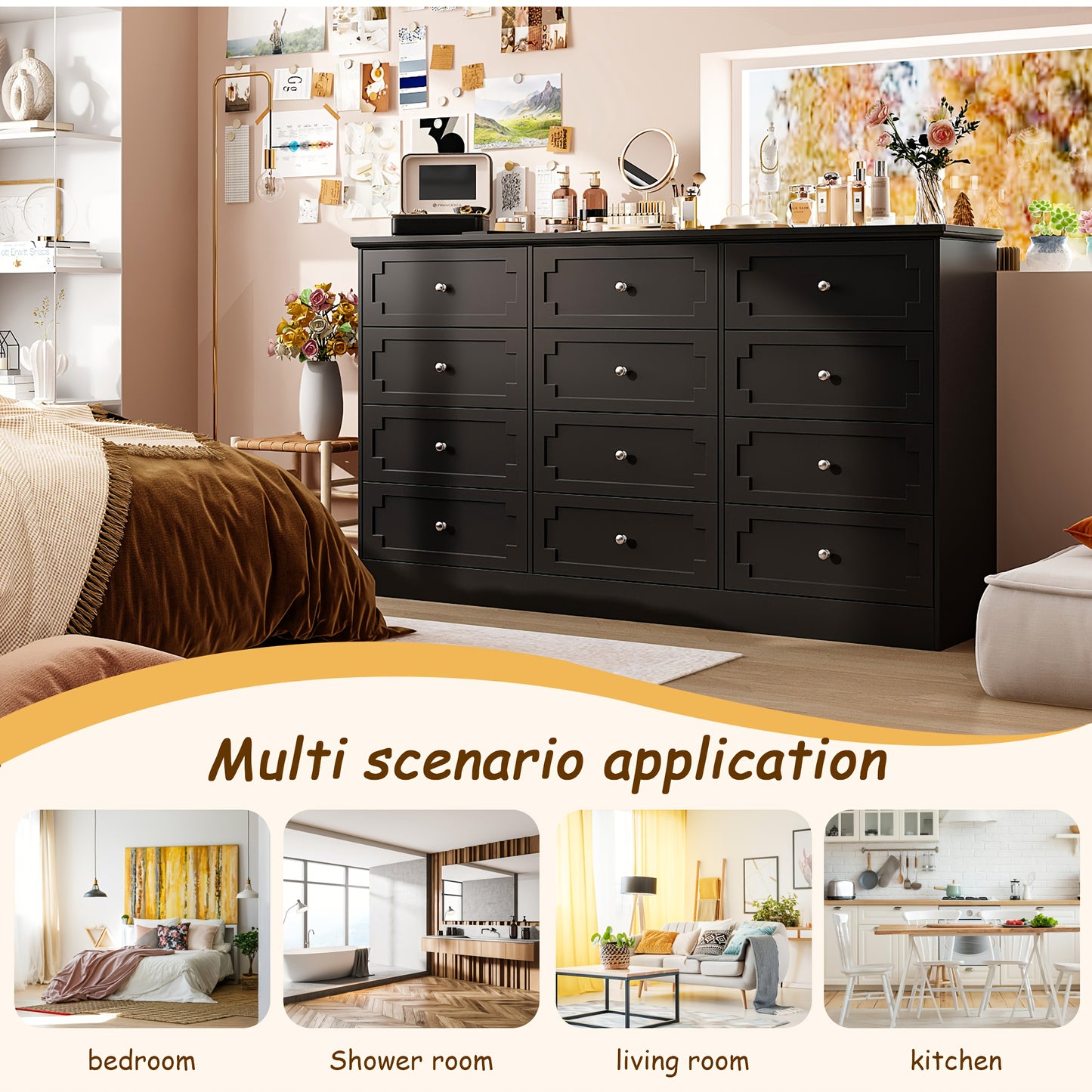 12-Drawer Double Dresser Storage Box, 61'' W Modern Wooden Chest Of Drawers with Handles, Deep Drawers, for Living Room, Bedroom, Hallway, Large Storage Space, Black