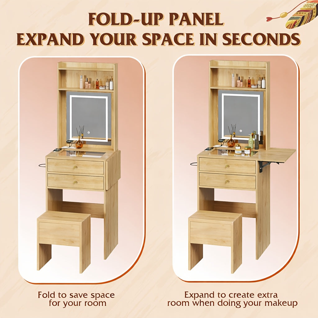 Space-Saving Vanity Desk with Illuminated Mirror, Folding Top, 2 Drawers, Charging Station And Matching Chair for Bedroom Or Apartment