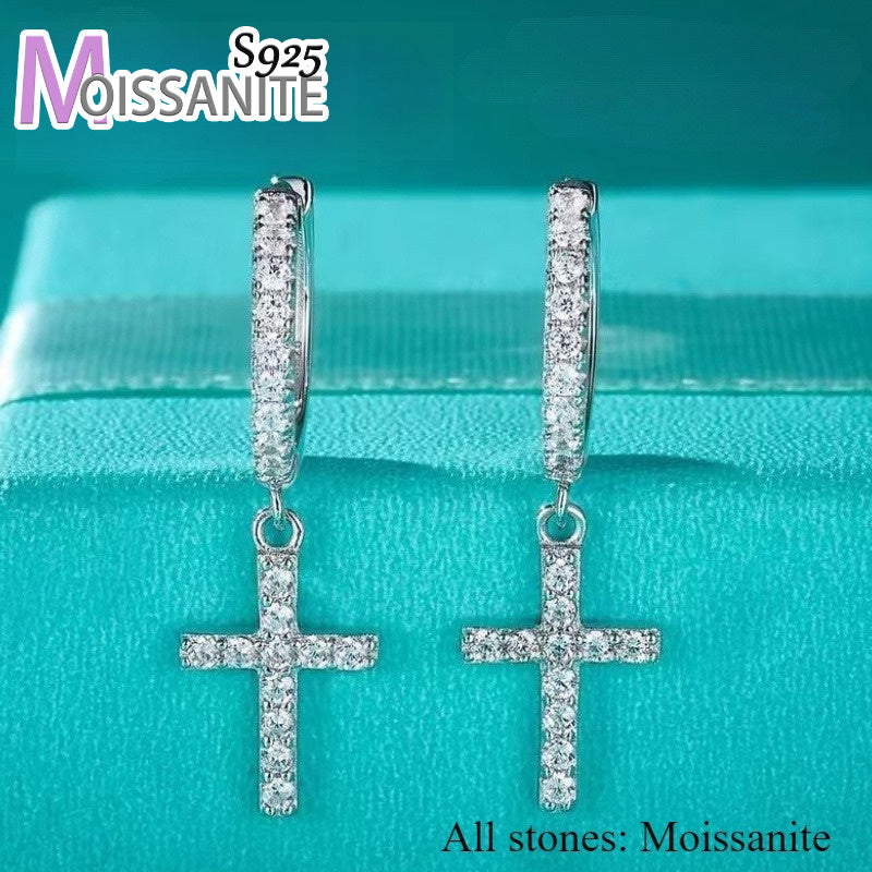 925 Sterling Silvery Full Moissanite Earrings*2, Cross Earrings, Simple And Versatile, Suitable for Daily Wear, Dating, Party, Vacation, Valentine'S Day Gift for Women, Thanksgiving Gift, New Year Gift Jewelry, with Gift Box
