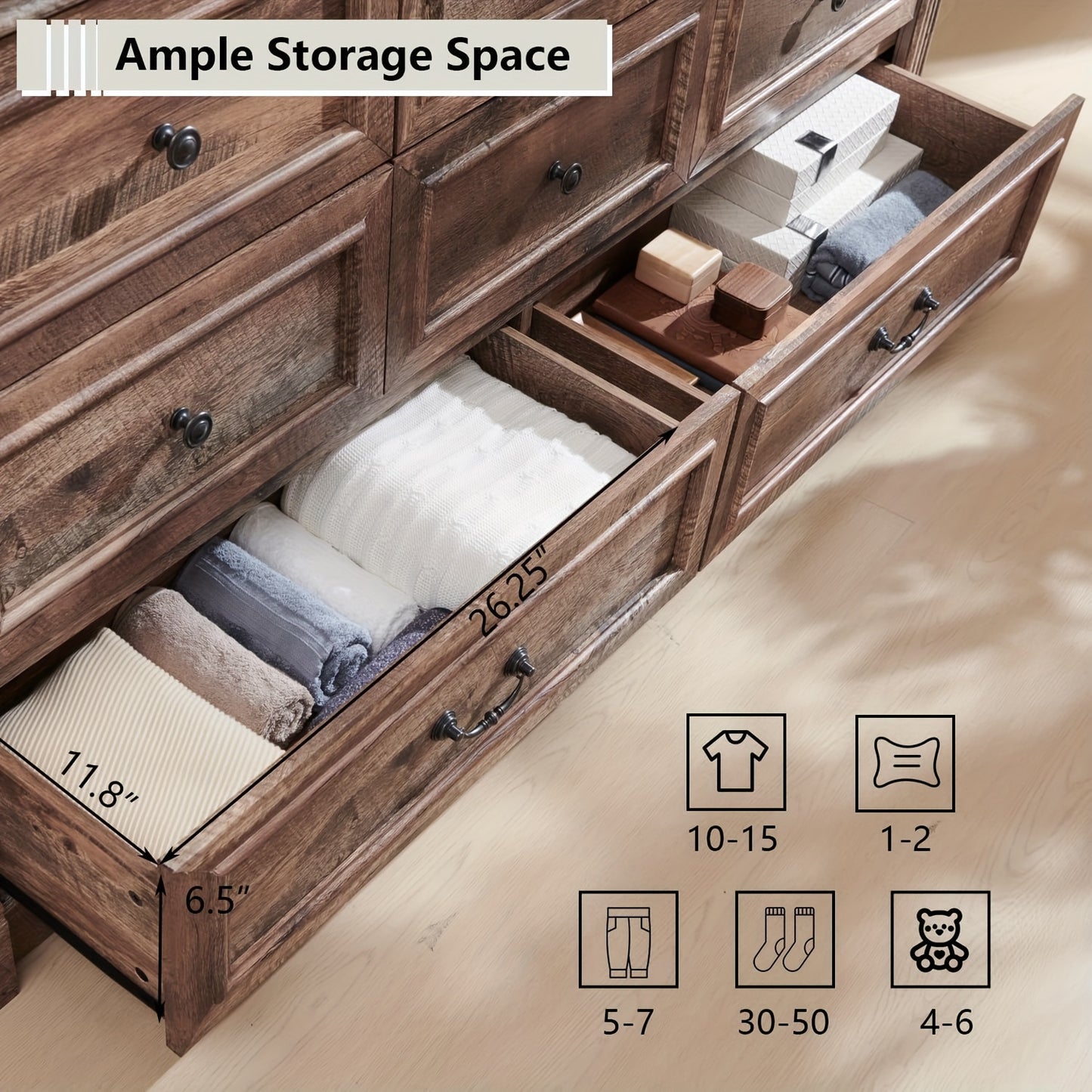[8-Drawer Wood Chest] Farmhouse 8 Drawers Dresser, 61" Wide Wood Chest Large Storage Dressers W/Roman Column for Bedroom, Hallway | Wooden Decor, Hallway Furniture, Bedroom Storage, Rustic Decor, Classic Design, Durable Craft