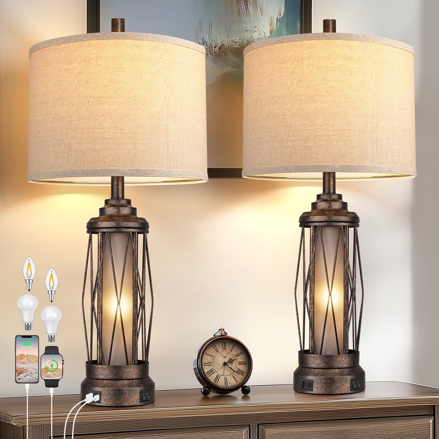 Farmhouse Table Lamps For Living Room, Rustic Nightstand Lamp For Bedroom With USB C+A Charging Ports, Built-in Frosted Glass Night Light For Entryway End Table, 4 Bulbs Included, Bronze