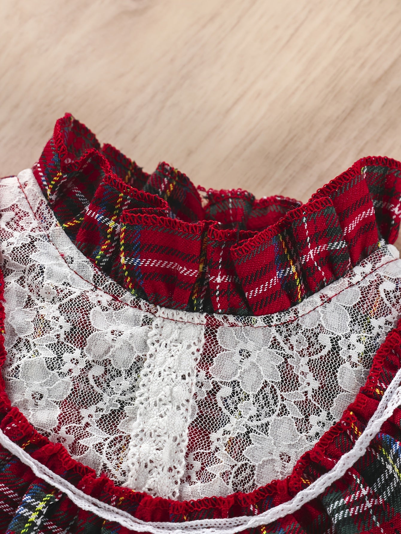 Red Green Plaid Halloween Christmas Girls Dress with High Neck And Lace Trim, Ruffled Cuffs Holiday Party Outfit