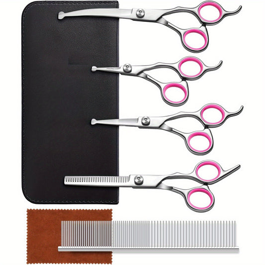 6-in-1 Dog Scissors- Professional Stainless Hair Kit with Safety Rounded Tips, Soft- Handles for Small& Large Dogs, Cats