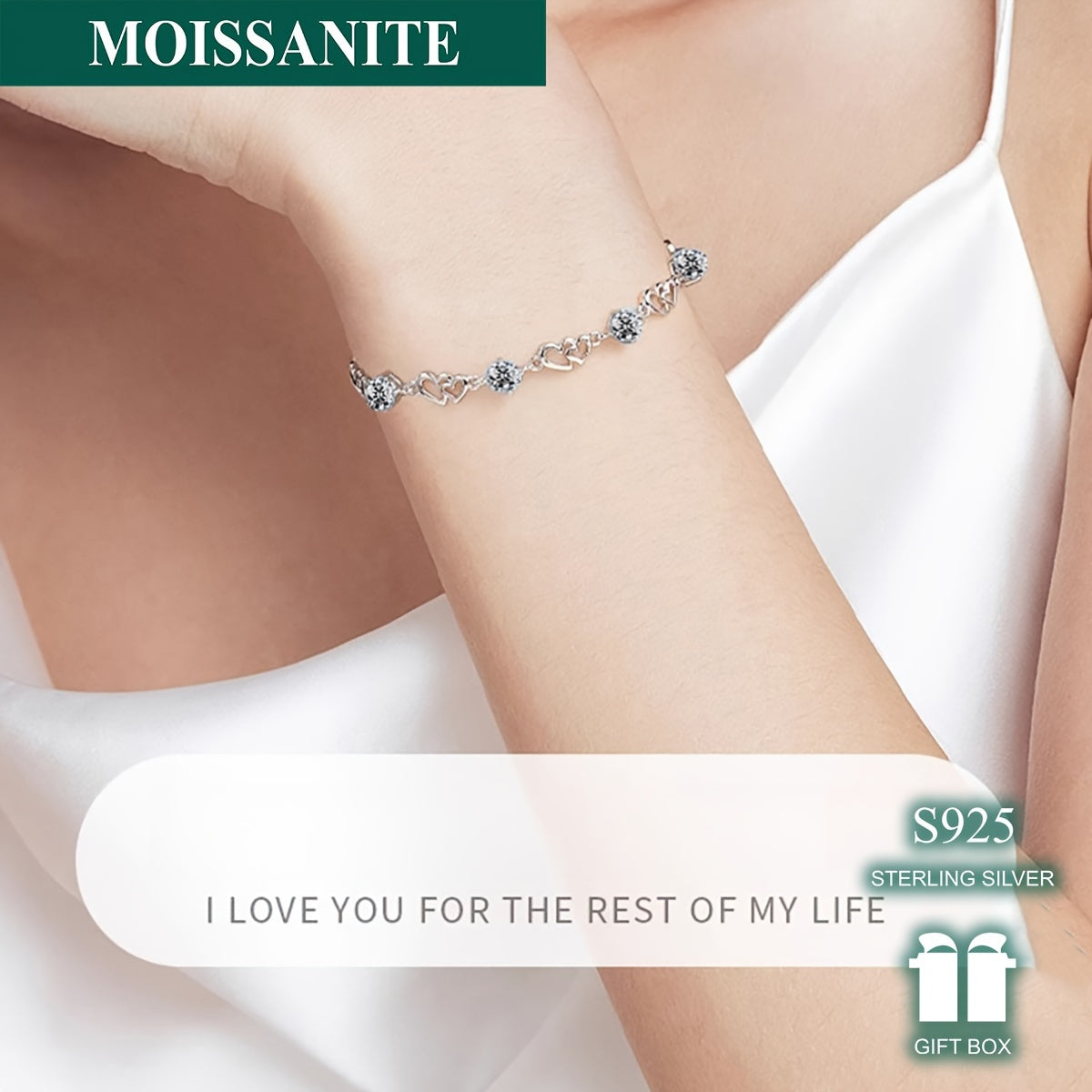 S925 Sterling Silver Bracelet, Heart-Shaped Moissanite Decor, Elegant & Sexy Ladies Fashion Bangle, Engagement, Wedding, Love Confession, Gift For Women, Valentine's Day Essential