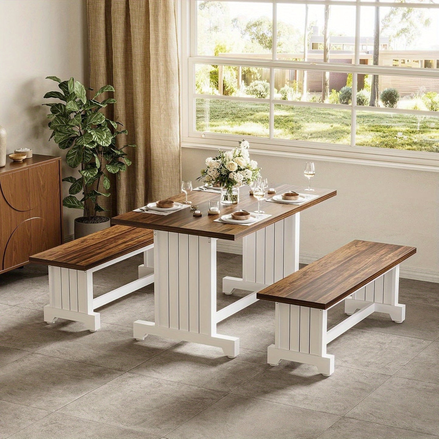 4-Person Dining Table Set with 2 Benches - Modern Kitchen Table with MDF Board, Space-Saving Dinette for Kitchen, Dining Room, Brown and White, Contemporary Style, No Electricity Needed, Dining Table for 4, Kitchen Table, Min