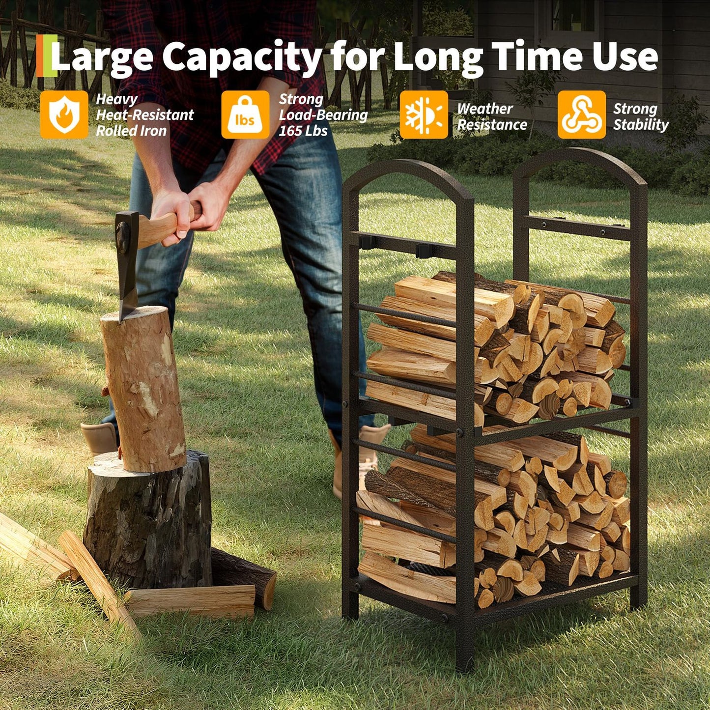 30 Inch Large Metal Firewood Rack | High Capacity Fireplace Log Storage with Kindling Hooks, Durable Wood Storage Organizer, Multipurpose Use, GAOMON Brand