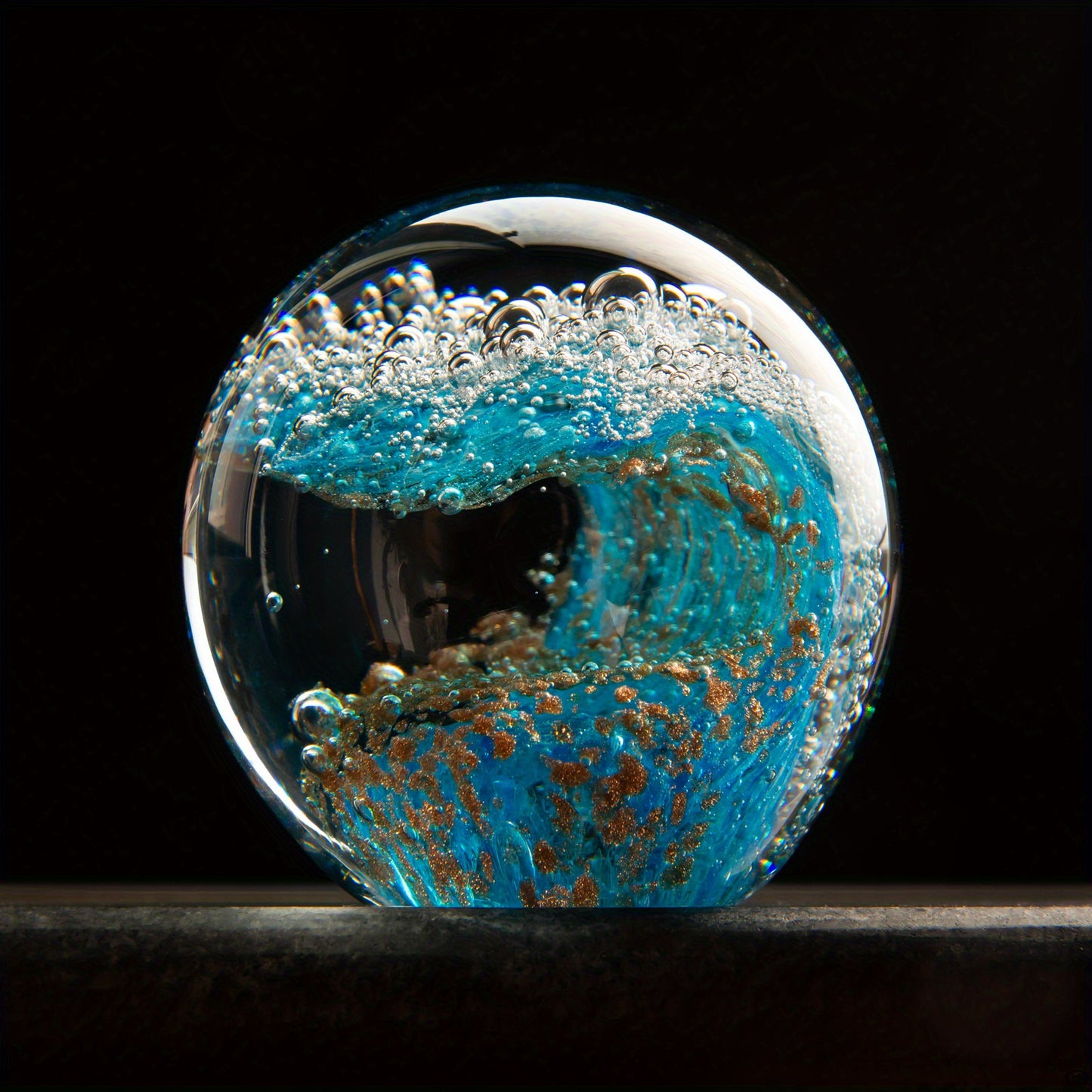 KANGMING Ocean Style Handmade Blown Glass Wave Paperweight, a Small Decorative Statue for Home Collection, Handcrafted Art Ornament, Collectible Souvenir, Blending Sky Blue with Golden Sand (8 Cm / 3.15 Inches / 700 Grams / 1