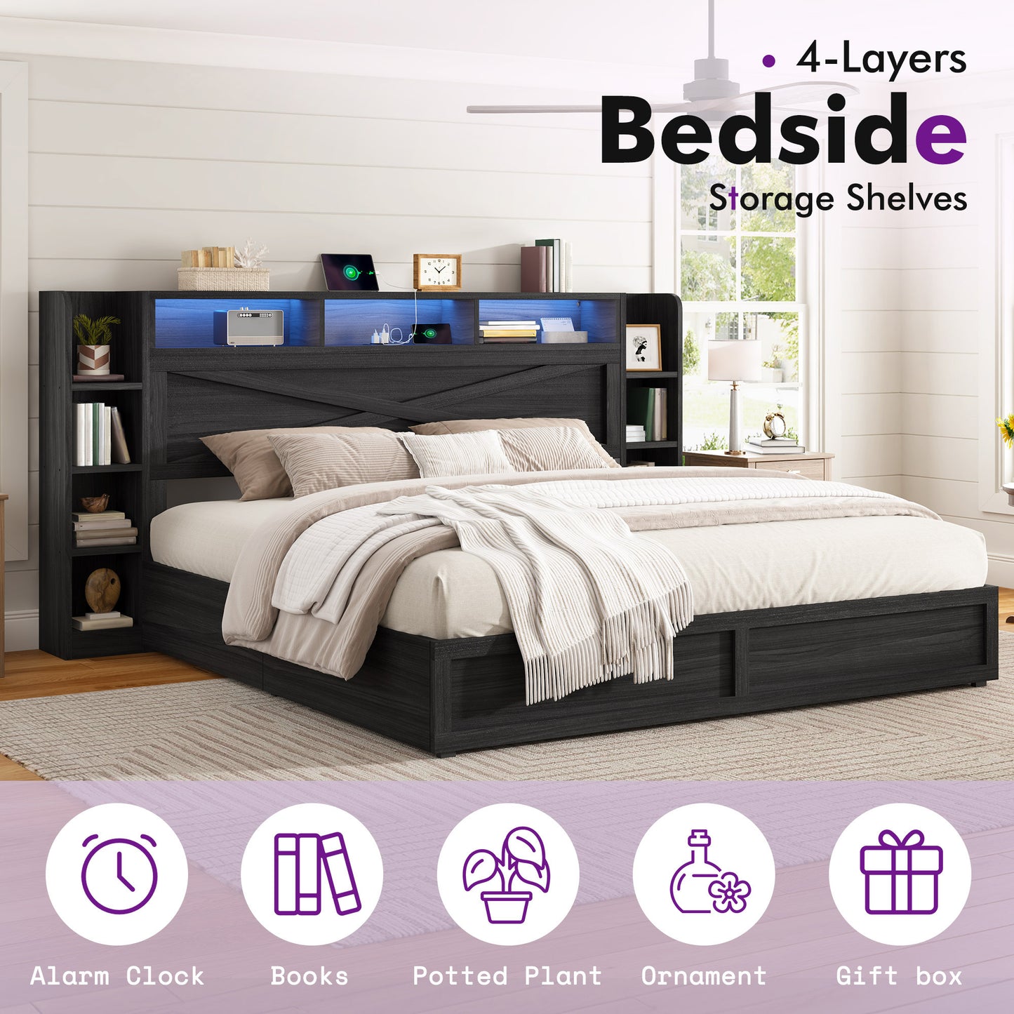 LUXOAK Rustic Farmhouse Platform Bed with Storage Headboard | Detachable Side Cabinets Drawers, LED Lighting, Hardwood and MDF Construction, Plug Powered, 125V, Pre-Assembled
