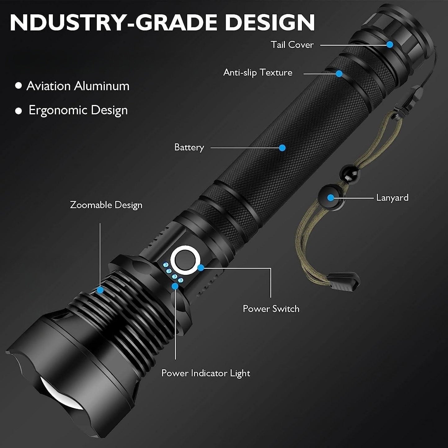 1pc MKZ Tactical LED Flashlight 3000 Lumens Zoomable Beam, USB Rechargeable