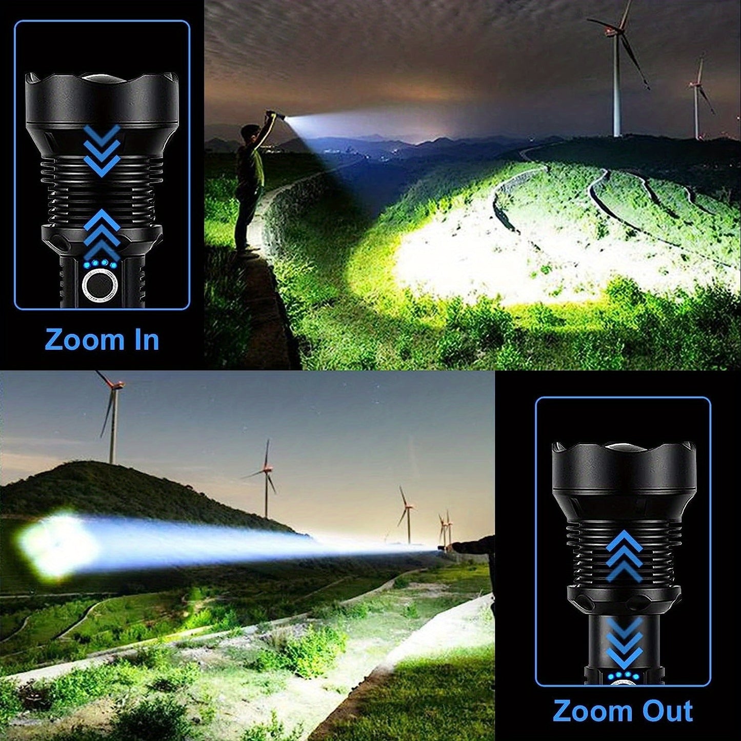 1pc MKZ Tactical LED Flashlight 3000 Lumens Zoomable Beam, USB Rechargeable
