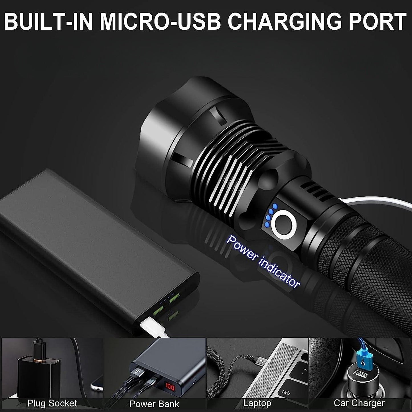 1pc MKZ Tactical LED Flashlight 3000 Lumens Zoomable Beam, USB Rechargeable