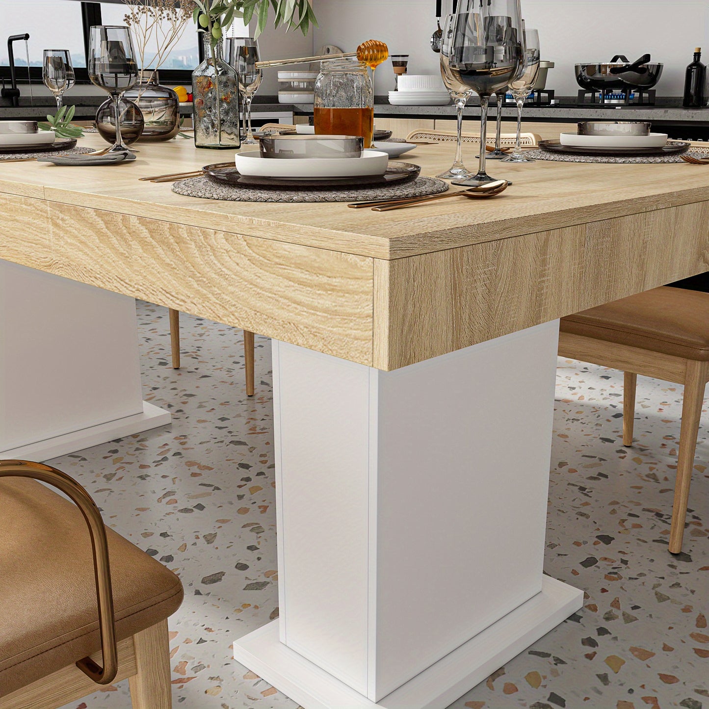 78.7'' W Large Wooden Dining Table | Heavy Duty Metal Frame, Rectangular, Wooden Grain Top, Easy To Assemble, White Base, Rustic Style, Hardwood Material, Brand: FUFU&GAGA