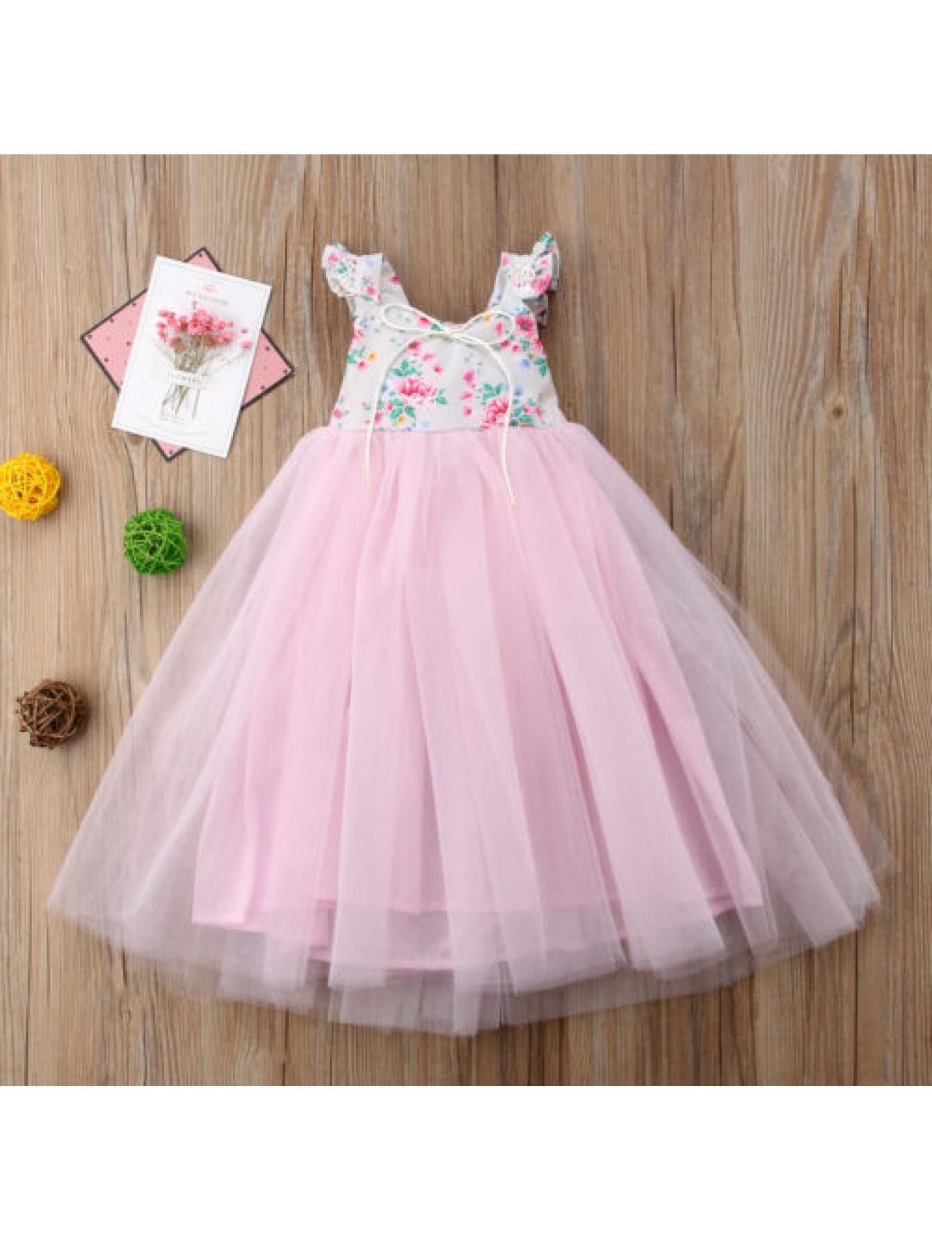 Girls' Sleeveless Tutu Princess Dress with Floral Print & Faux Drawstring Waist - Soft Pink Tulle Wedding Bridesmaid Party Pageant Dress for Spring/Summer, Wedding Dresses for Bride