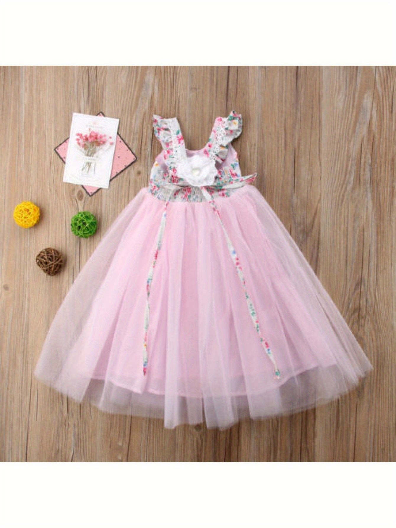 Girls' Sleeveless Tutu Princess Dress with Floral Print & Faux Drawstring Waist - Soft Pink Tulle Wedding Bridesmaid Party Pageant Dress for Spring/Summer, Wedding Dresses for Bride