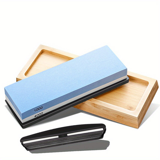 1pc Premium Knife Sharpening Stone–1000/ 4000 Grit Whetstone, Whetstone Knife Sharpener- NonSlip Bamboo Base & Angle Guide,, Household sharpening stone sharpener, convenient and fast sharpening stone