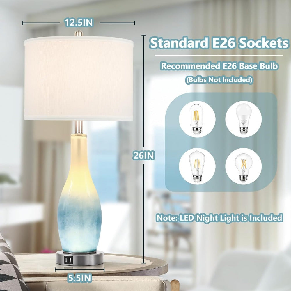 26in Tall Glass Table Lamps Set of 2 with 2 USB Charging Ports & LED Nightlight, Large Coastal Table Lamps for Living Room End Table, Modern Beach Lamps for Bedroom Bedside Nightstand, Blue
