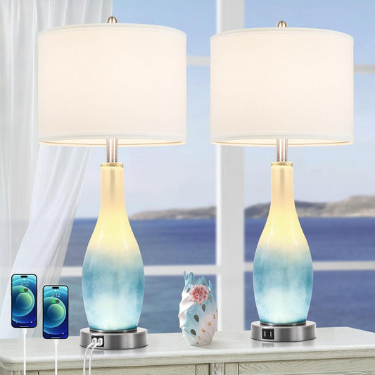 26in Tall Glass Table Lamps Set of 2 with 2 USB Charging Ports & LED Nightlight, Large Coastal Table Lamps for Living Room End Table, Modern Beach Lamps for Bedroom Bedside Nightstand, Blue