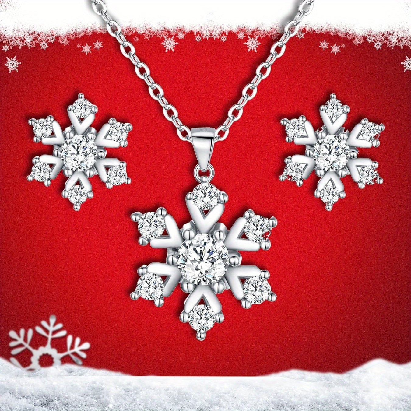 2pcs Snowflake Necklace Earrings Jewelry Set for Women Pendant Necklace Stud Earrings Set Clear Gift for Valentines Day/ Anniversary/ Mothers Day/ Birthday/ Christmas