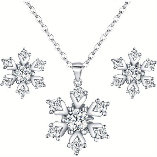 2pcs Snowflake Necklace Earrings Jewelry Set for Women Pendant Necklace Stud Earrings Set Clear Gift for Valentines Day/ Anniversary/ Mothers Day/ Birthday/ Christmas