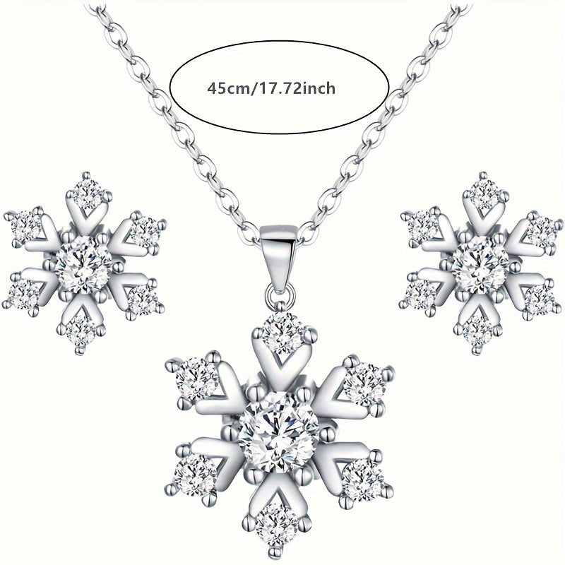 2pcs Snowflake Necklace Earrings Jewelry Set for Women Pendant Necklace Stud Earrings Set Clear Gift for Valentines Day/ Anniversary/ Mothers Day/ Birthday/ Christmas