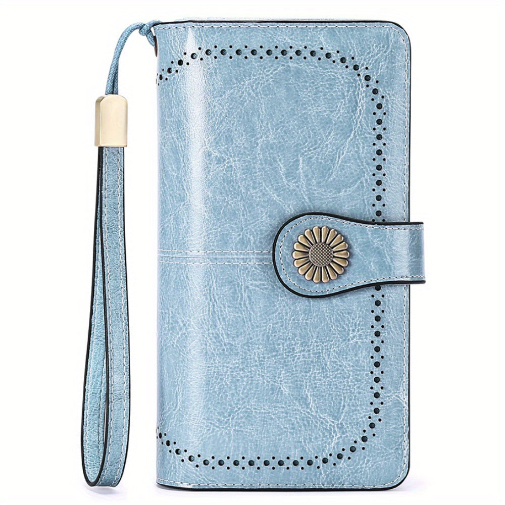 RFID Blocking Women's Genuine Leather Long Wallet with Sunflower Pattern - 24 Card Slots, Phone Pocket, ID Window & Zipper Wristlet, 2 Cash + 4 Receipt Compartments, Gift Box for Daily/Present Use