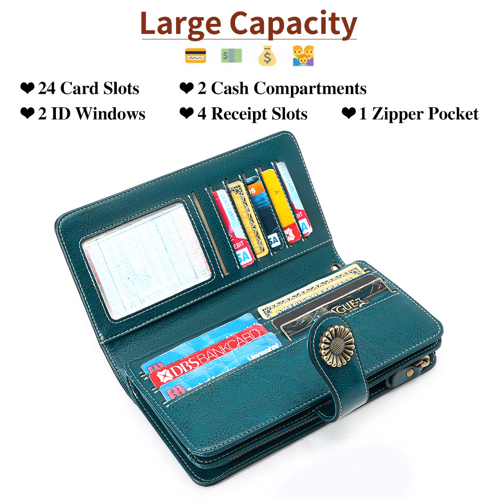 RFID Blocking Women's Genuine Leather Long Wallet with Sunflower Pattern - 24 Card Slots, Phone Pocket, ID Window & Zipper Wristlet, 2 Cash + 4 Receipt Compartments, Gift Box for Daily/Present Use