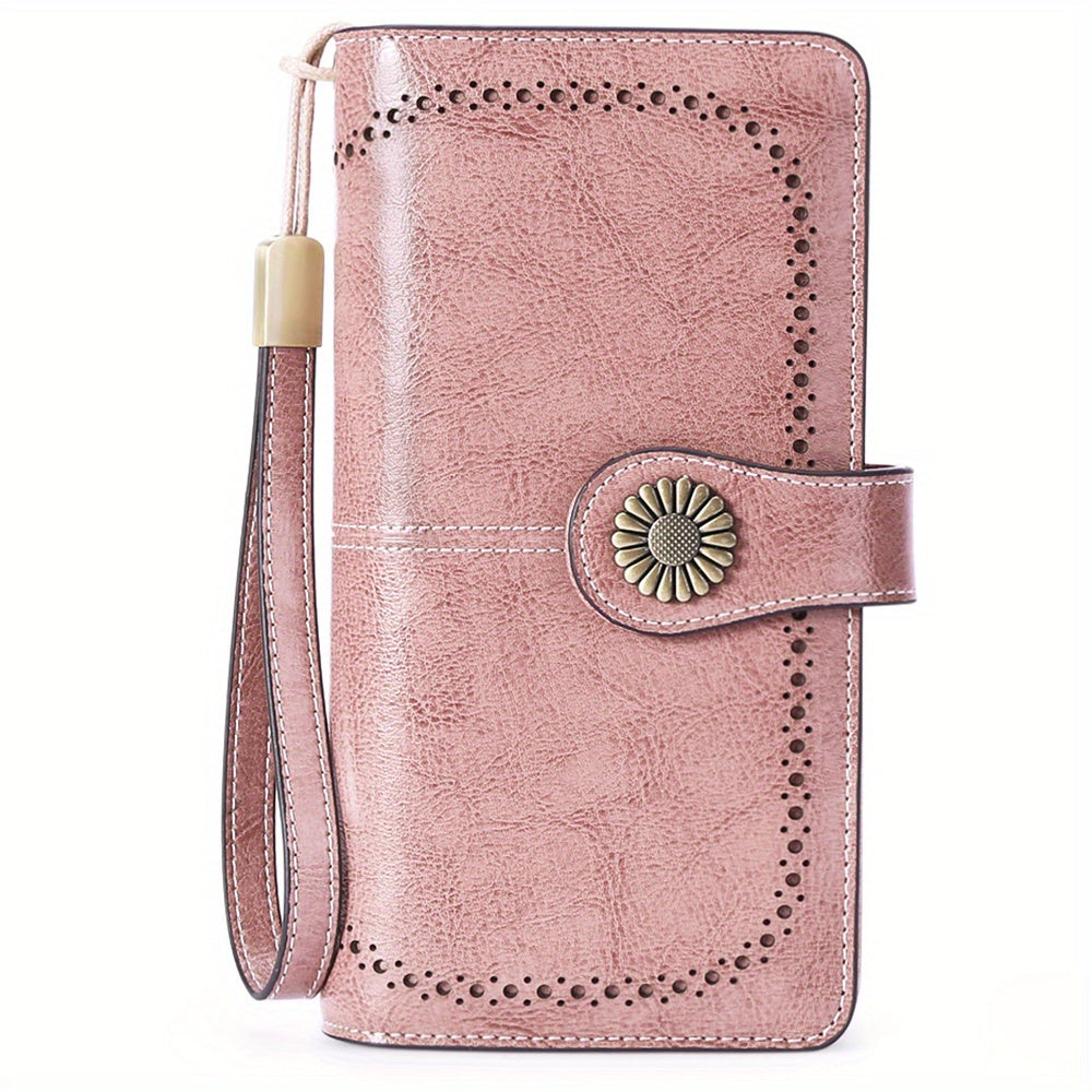 RFID Blocking Women's Genuine Leather Long Wallet with Sunflower Pattern - 24 Card Slots, Phone Pocket, ID Window & Zipper Wristlet, 2 Cash + 4 Receipt Compartments, Gift Box for Daily/Present Use