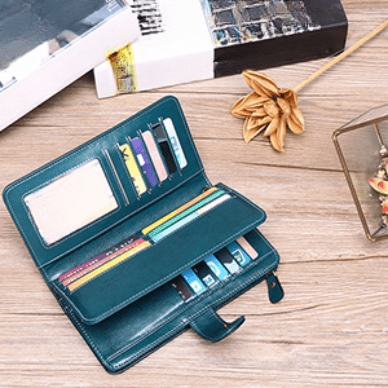 RFID Blocking Women's Genuine Leather Long Wallet with Sunflower Pattern - 24 Card Slots, Phone Pocket, ID Window & Zipper Wristlet, 2 Cash + 4 Receipt Compartments, Gift Box for Daily/Present Use