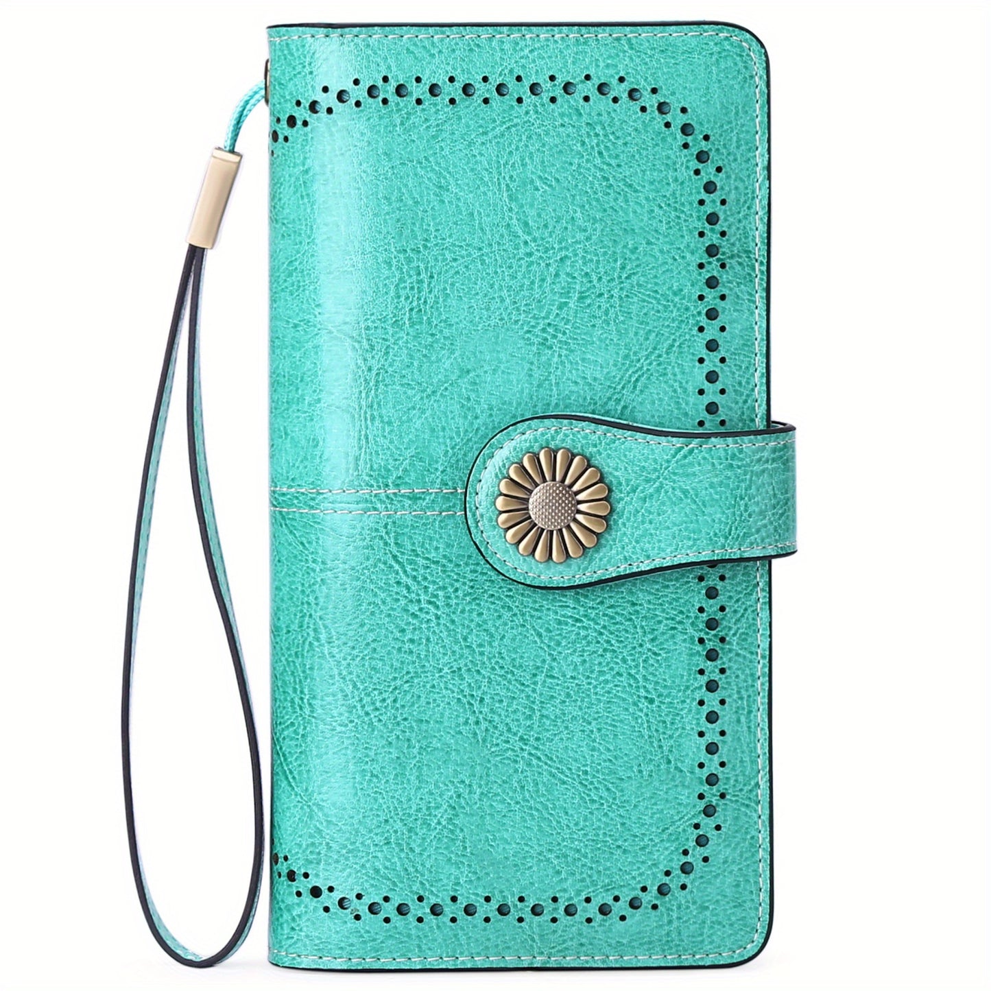 RFID Blocking Women's Genuine Leather Long Wallet with Sunflower Pattern - 24 Card Slots, Phone Pocket, ID Window & Zipper Wristlet, 2 Cash + 4 Receipt Compartments, Gift Box for Daily/Present Use