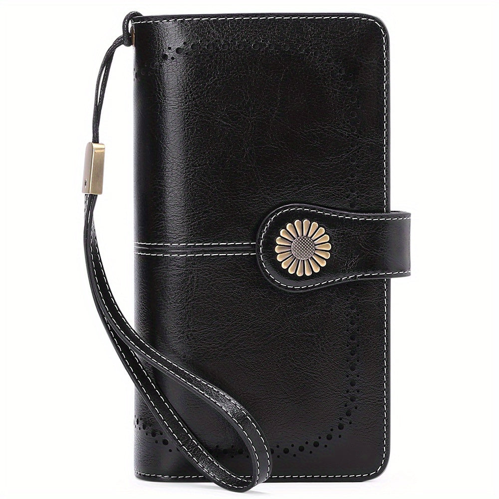 RFID Blocking Women's Genuine Leather Long Wallet with Sunflower Pattern - 24 Card Slots, Phone Pocket, ID Window & Zipper Wristlet, 2 Cash + 4 Receipt Compartments, Gift Box for Daily/Present Use