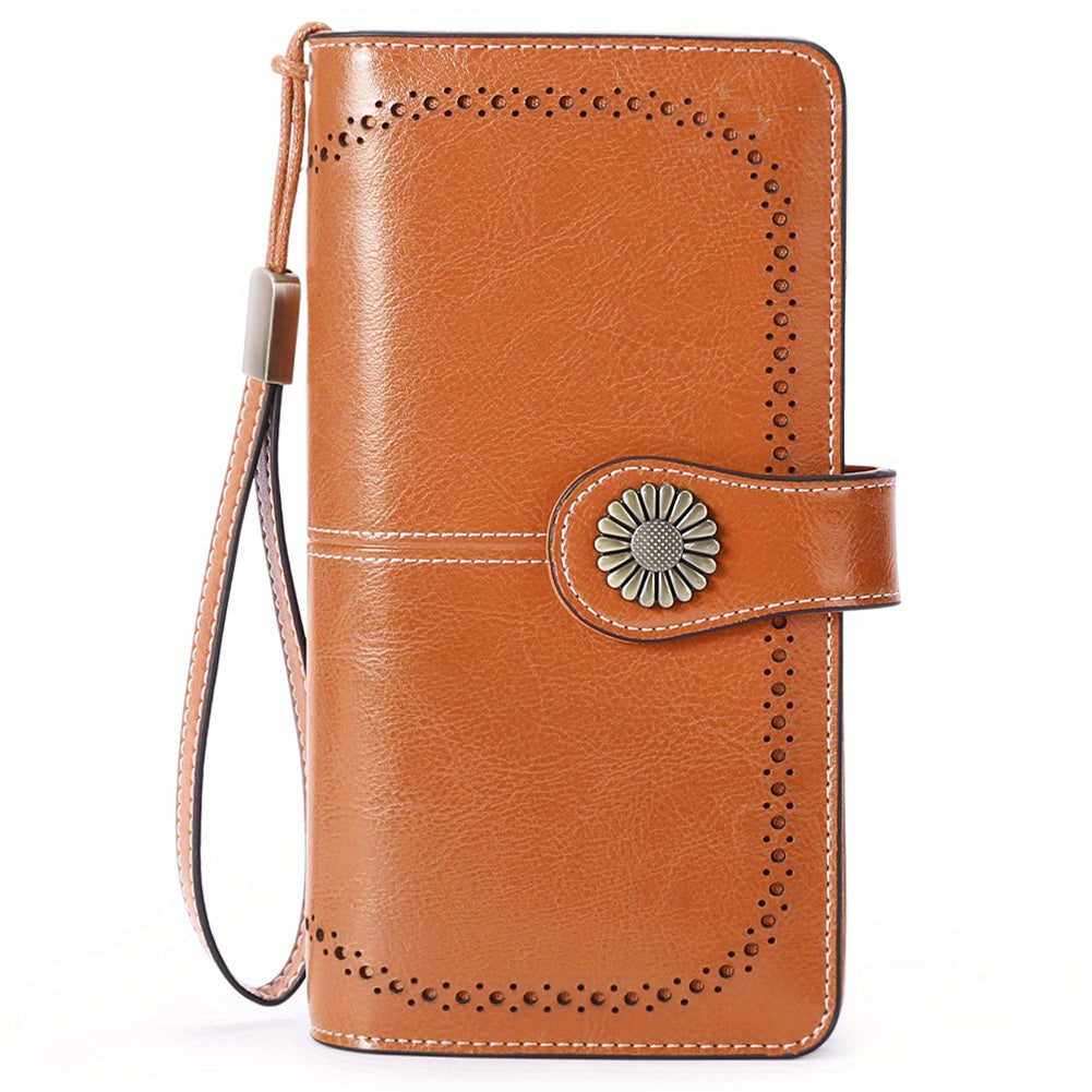 RFID Blocking Women's Genuine Leather Long Wallet with Sunflower Pattern - 24 Card Slots, Phone Pocket, ID Window & Zipper Wristlet, 2 Cash + 4 Receipt Compartments, Gift Box for Daily/Present Use