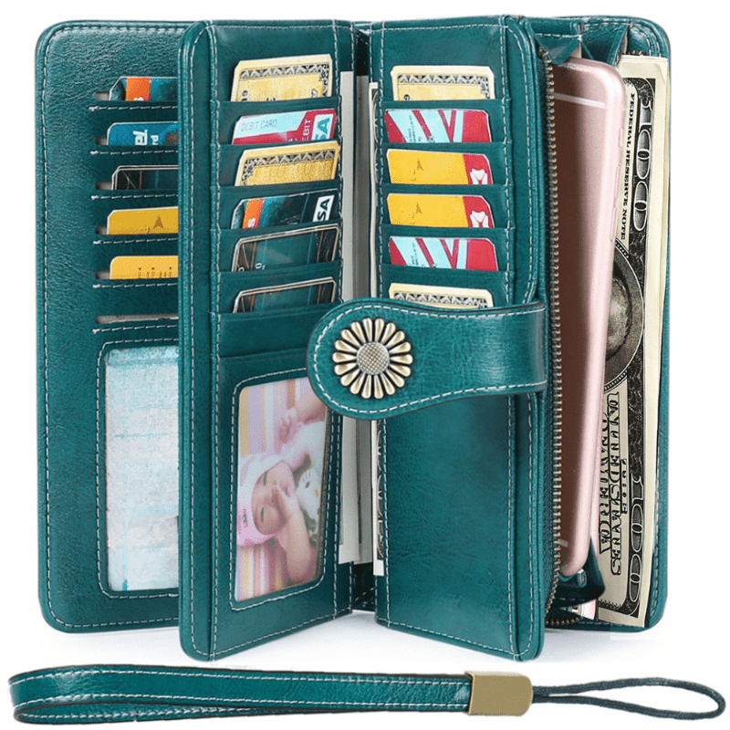 RFID Blocking Women's Genuine Leather Long Wallet with Sunflower Pattern - 24 Card Slots, Phone Pocket, ID Window & Zipper Wristlet, 2 Cash + 4 Receipt Compartments, Gift Box for Daily/Present Use