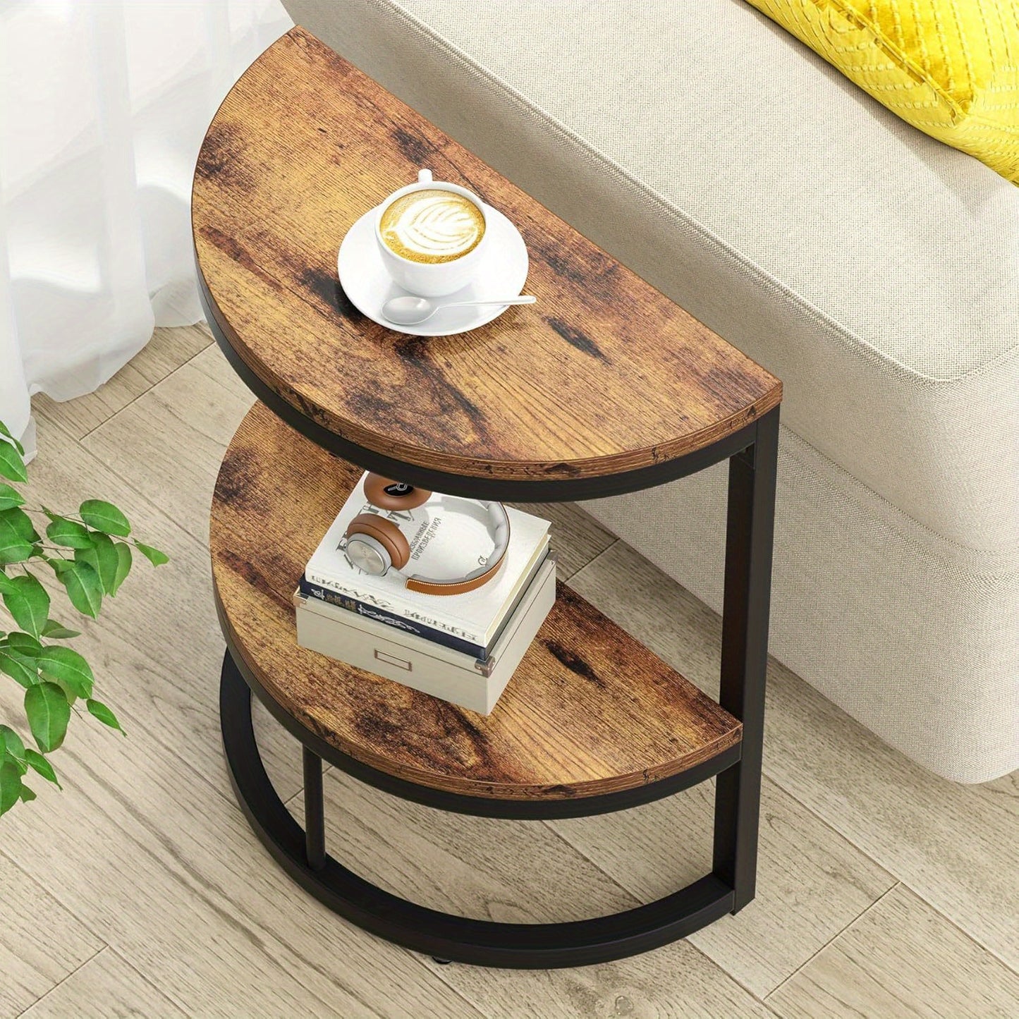 2-Tier End Table Semi Circle, Small Half Round Side Table with Storage Shelf, Wood Accent Table Slim C Table for Sofa Couch, Living Room, Bedroom, Small Space, Easy Assembly