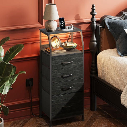 Modern Tall Night Stand with Charger Station & - LED Suitable for Bedroom/Living Room, 4-Drawer Dresser with Fabric Storage Bins, Bedside Table with Shelf, Engineered Wood/MDF Frame, Assembly ( Plug)