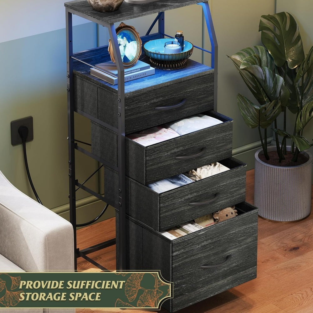 Modern Tall Night Stand with Charger Station & - LED Suitable for Bedroom/Living Room, 4-Drawer Dresser with Fabric Storage Bins, Bedside Table with Shelf, Engineered Wood/MDF Frame, Assembly ( Plug)