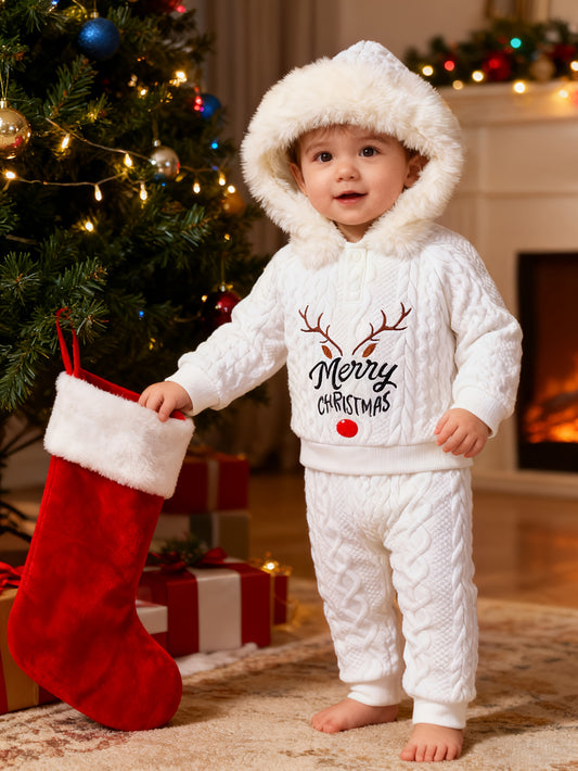 Christmas New Letter Antler Embroidery Knitted Pattern Solid Color Ribbed Hoodie with Fur Collar Long Pants Set for Baby Boys Winter Warmth And Cute, Perfect for Outdoor