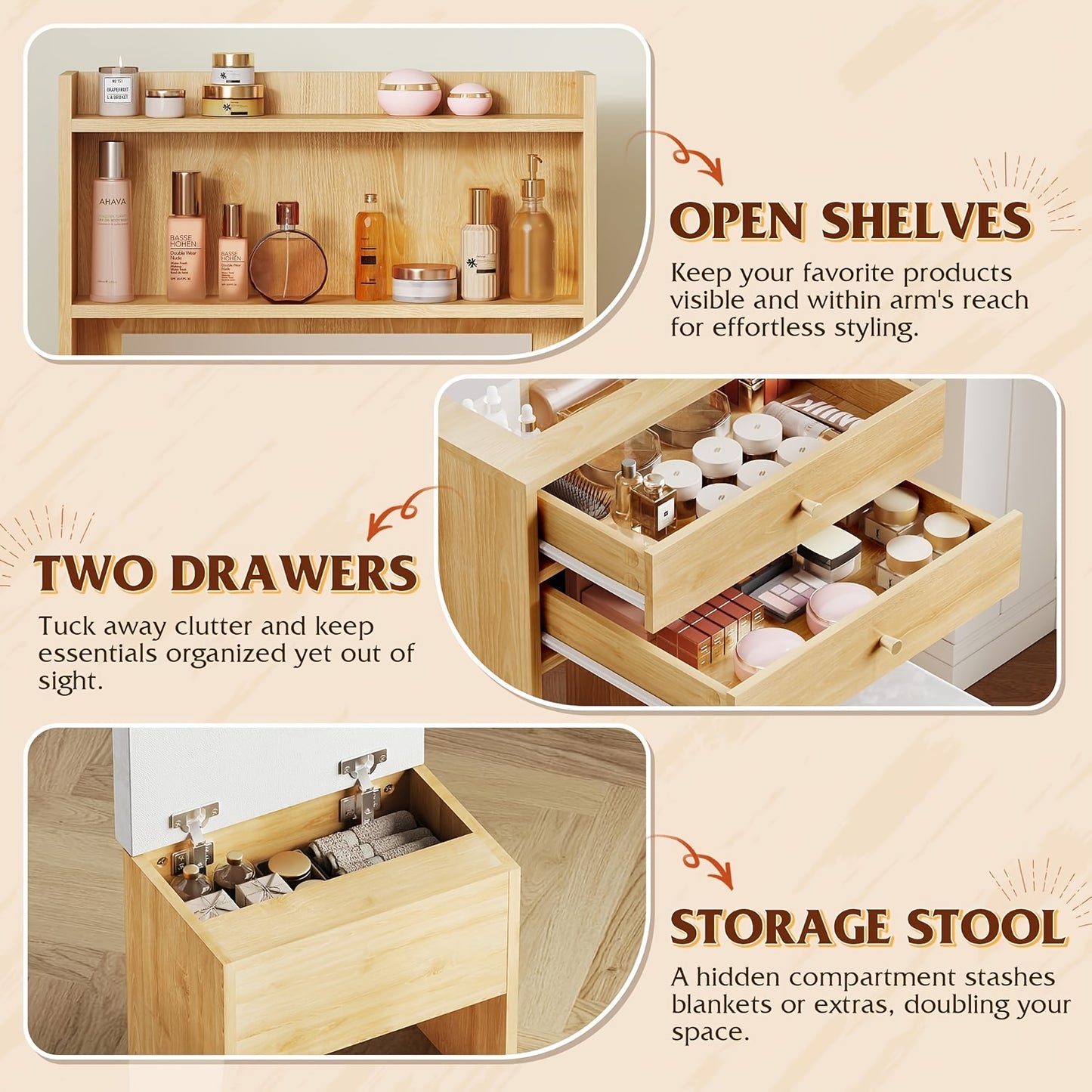 Space-Saving Vanity Desk with Illuminated Mirror, Folding Top, 2 Drawers, Charging Station And Matching Chair for Bedroom Or Apartment