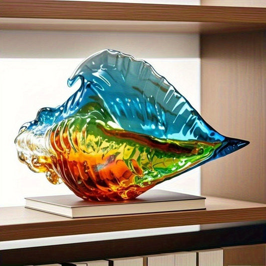 Handmade Glass Seashell Sculpture - Bohemian Coastal Home Decor, Modern Nautical Wall Art for Living Room & Bedroom, Vibrant Blue to Orange Gradient, Indoor/Outdoor Use, No Electricity Needed, Beach House Accent, Shelf Decor,