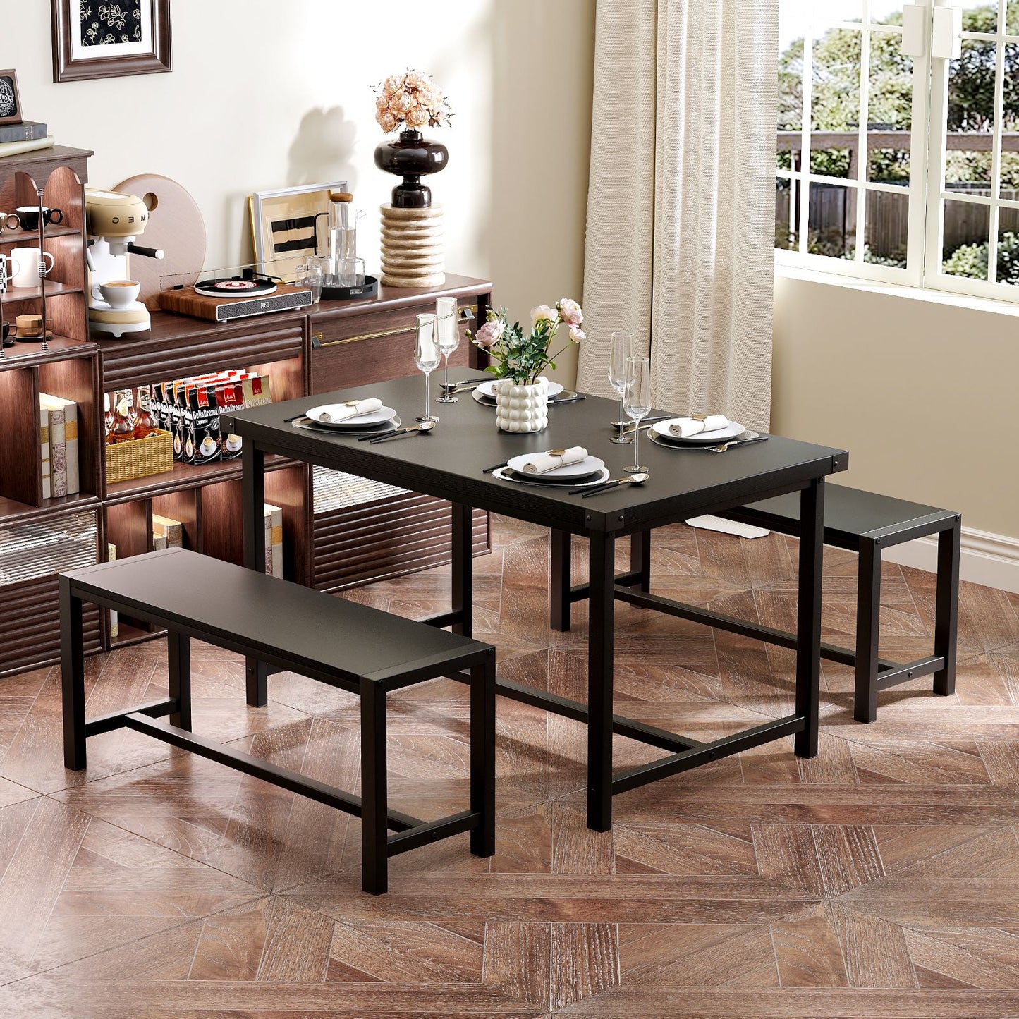 Modern Farmhouse 3pcs Dining Set for 4 with Steel Frame, Space-Saving Benches, and Tabletop, Perfect for Small Apartments and Dinette Areas, Easy Assembly, Dining Table