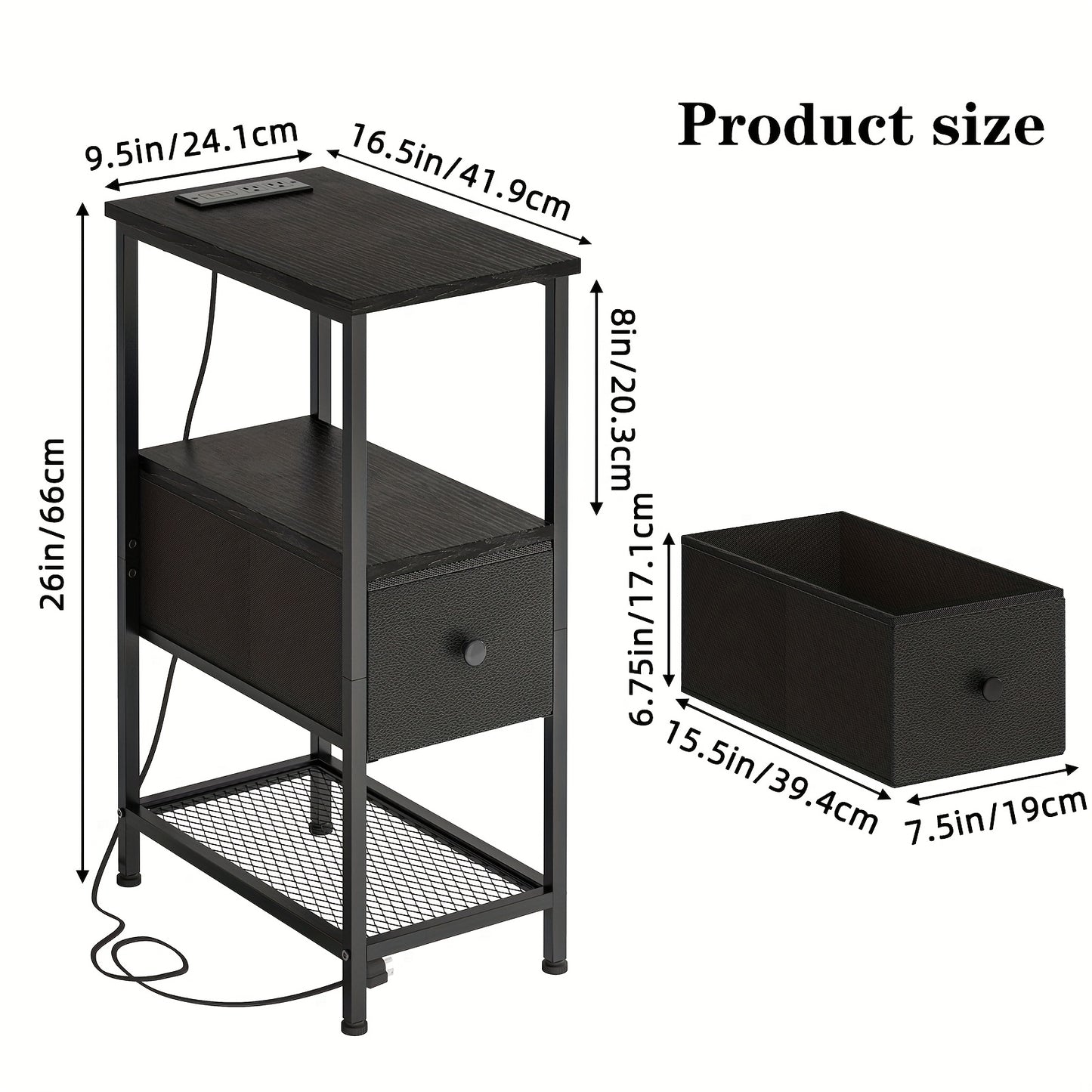 WHONLINE 1pc/2pcs Narrow Night Stand With Charging Station, End Table, Narrow Side Table With 1/2 Fabric Drawers, Skinny Nightstand With Storage, For Living Room, Small Spaces, School And Dormitory Storage, Brown And Black, F
