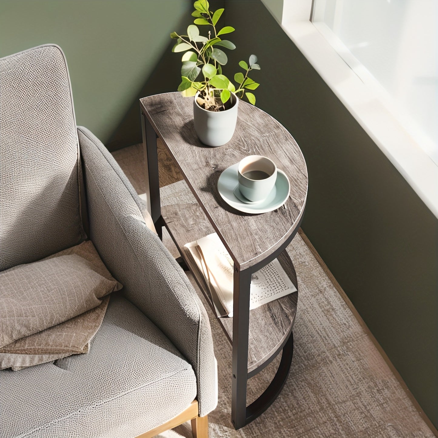 2-Tier End Table Semi Circle, Small Half Round Side Table with Storage Shelf, Wood Accent Table Slim C Table for Sofa Couch, Living Room, Bedroom, Small Space, Easy Assembly