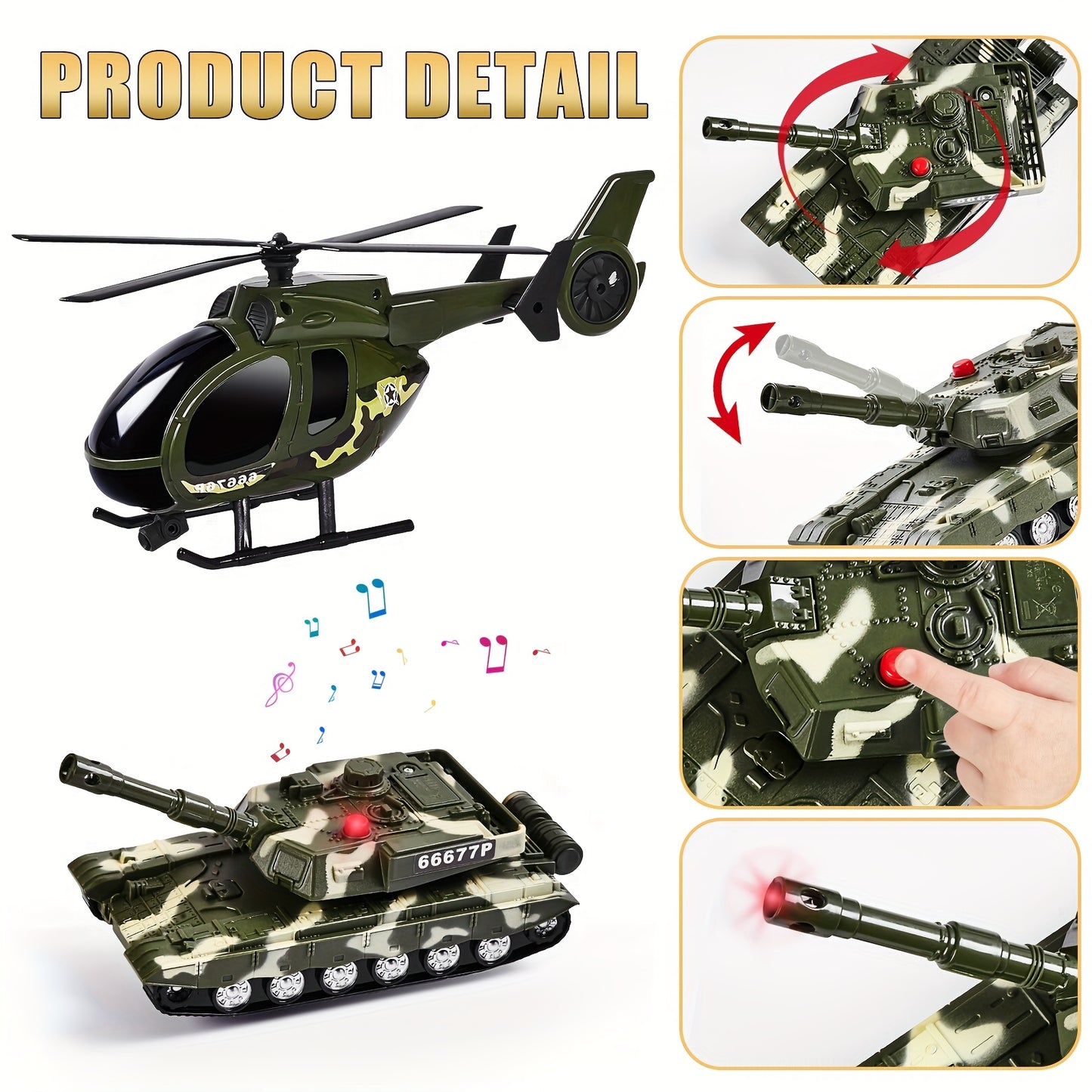 25.6" Large Military Toy Set with Helicopter & Tank - Manual Operation Army Transport Truck with Moving Parts, Realistic Sounds & Lights, Durable ABS Construction for Boys & Girls 3- - Green Camo Design Birthday Gift for Imag