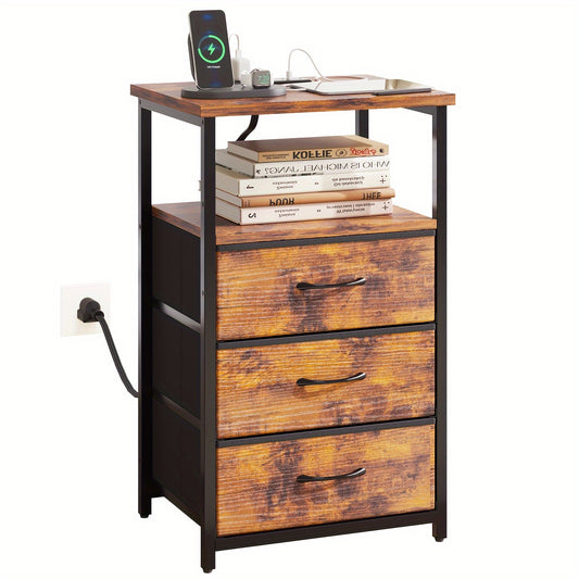 WHONLINE 1/2pcs Night Stand With Charging Station, Nightstand 1/2 Set With 3 Fabric Drawers, End Table With Storage, Night Stand For Bedroom, School And Dormitory Storage, Black End Table, Heavy Duty Night Stand, For Hallowee