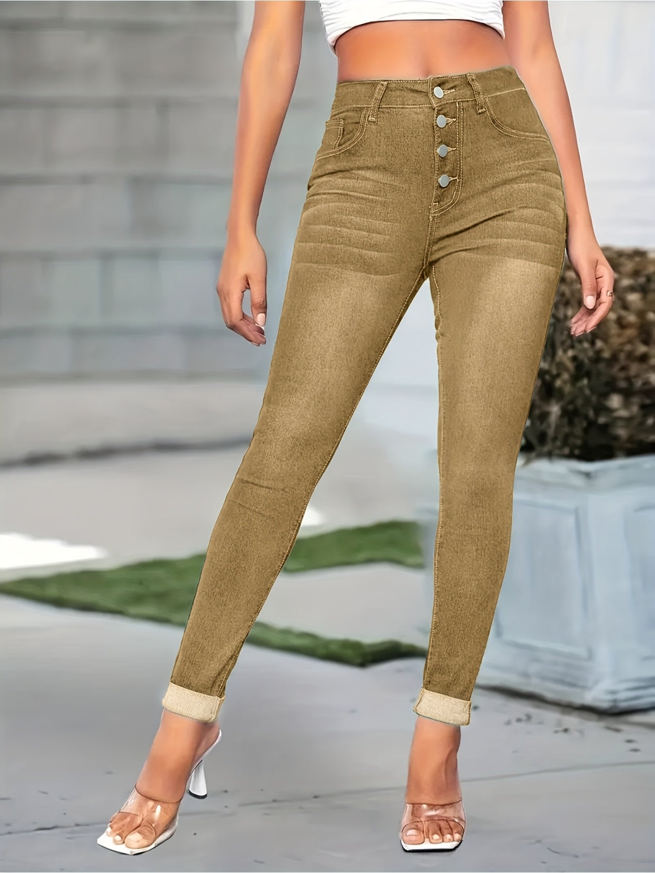 Women'S 2025 New Style Multi-Button Slim-Fit Stretch Denim Jeans - Plus Size Washed Jeans with Belt Loops & Zipper Closure, All-Season Comfort, Classic Five-Pocket Design, Casual to Semi-Formal Wear, Streetwear Style (No Fray