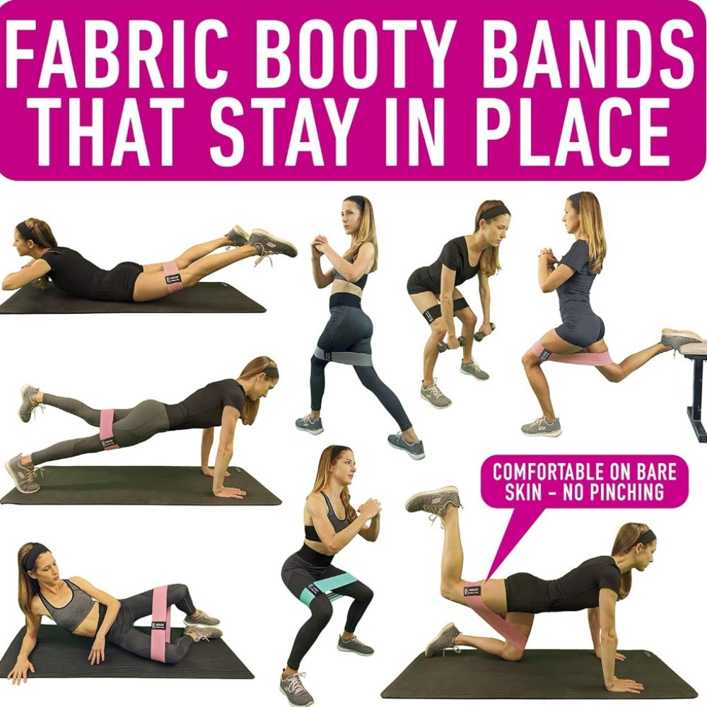 Exercise with Resistance Bands Using Our Comprehensive Guide. This Set Includes Four Fabric Elastic Booty Bands Suitable for Both Women And Men, Designed for Leg Workouts And Targeting The Hips, Thighs, And Glutes