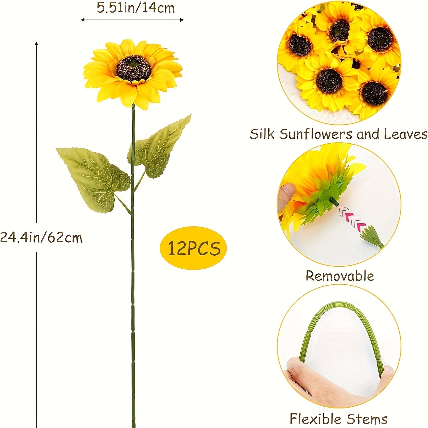 6pcs 24.4" Large Sunflowers Artificial Flowers 8" Full Bloom Long Stem Artificial Sunflower Tall Sun Flowers Giant Sunflowers with Stem Fake Sunflower Floral Arrangement for Outdoor Indoor Home Vase Table Wedding Party Garden