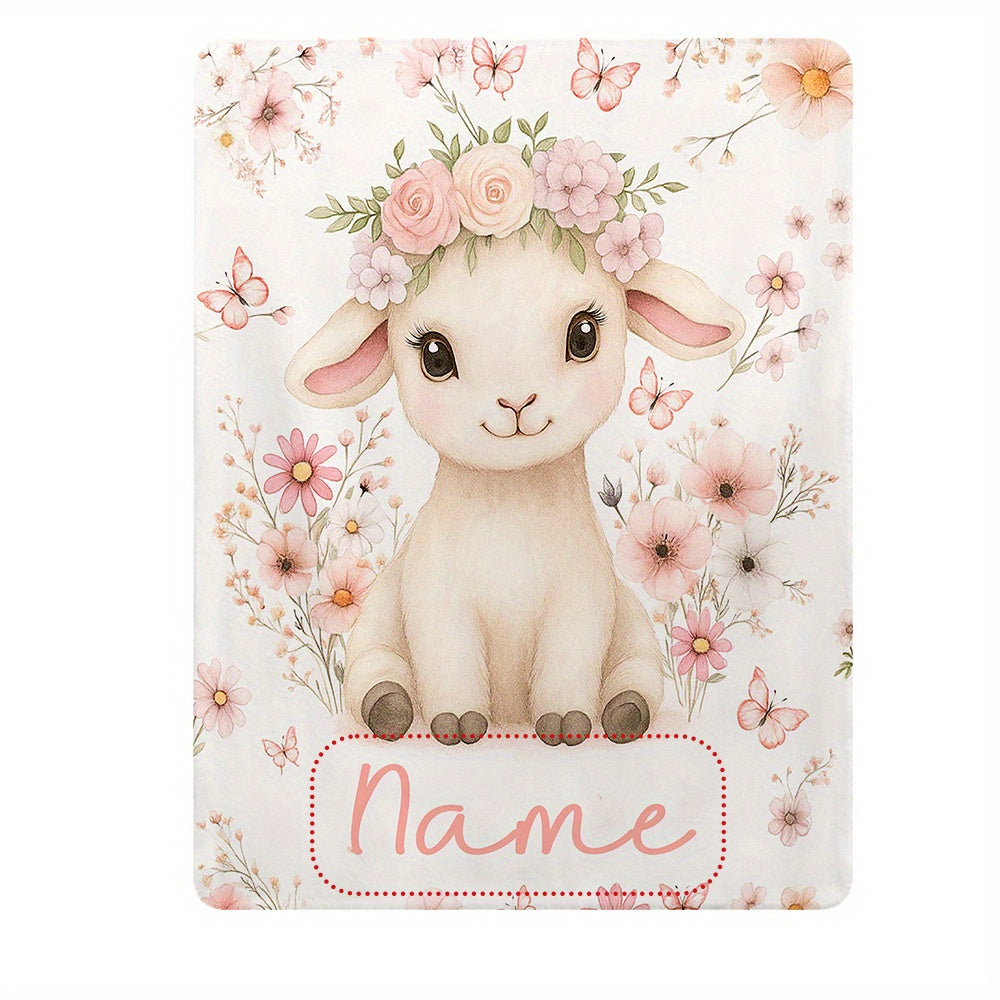 1pc Name Blanket - Cute Lamb & Pink Flowers Print with Custom Name, Soft Cozy Warm Throw for All Seasons, Adorable Sheep & Floral Design, Ideal Gift for Christmas, Birthdays, Showers, Travel & Home Use, Hand Wash Only, White