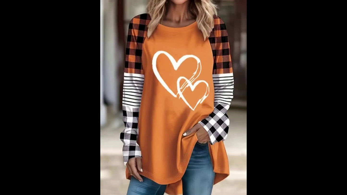 Plus Size - Plus Size - A Women'S Casual Long-Sleeve T-Shirt Featuring a Heart-Shaped Design, Made from Fabric, with a Round Neck Style, Part of The Autumn And Winter Collection, Available in Large Loose Sizes from 0XL to 9XL